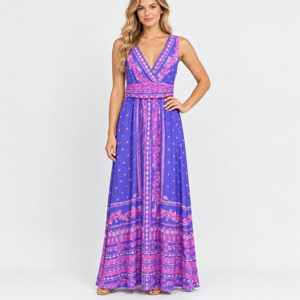 Lilly Pulitzer Purple Pink Tropical Print V-Neck Empire Waist Maxi Dress Large